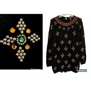 Vintage Tunic Sweater L Jeweled Beaded Silk Angora Lambswool Soft Cozy 90s